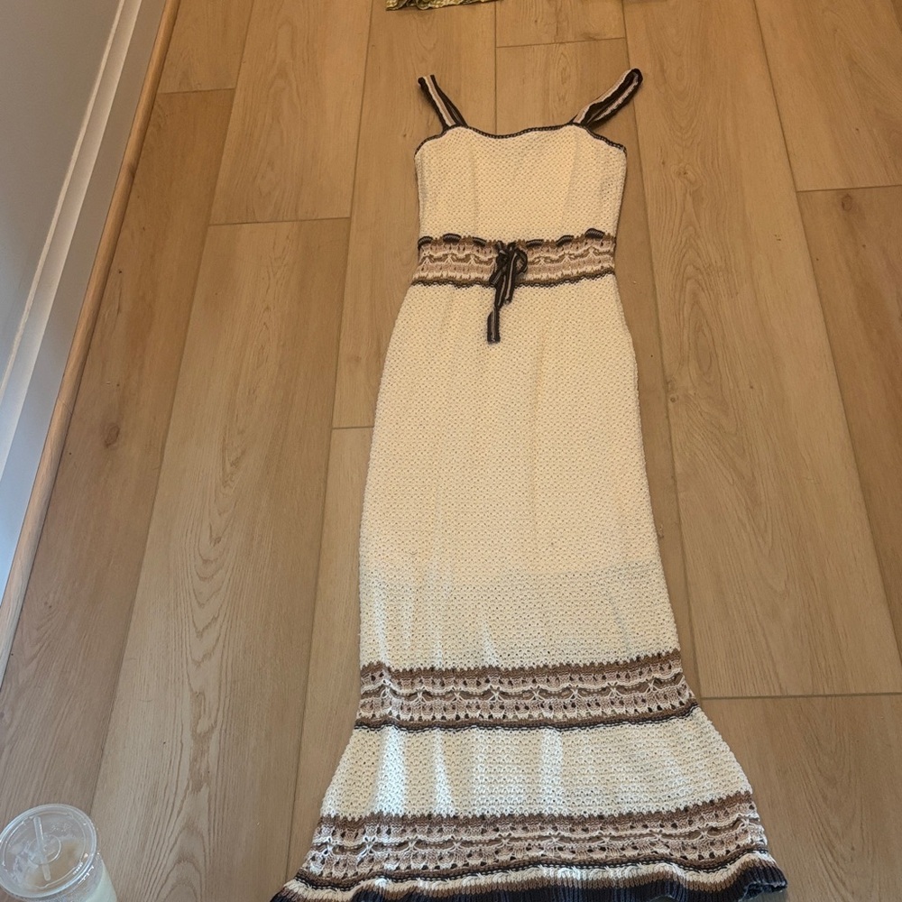 Elegant Cream and Brown Maxi Dress
